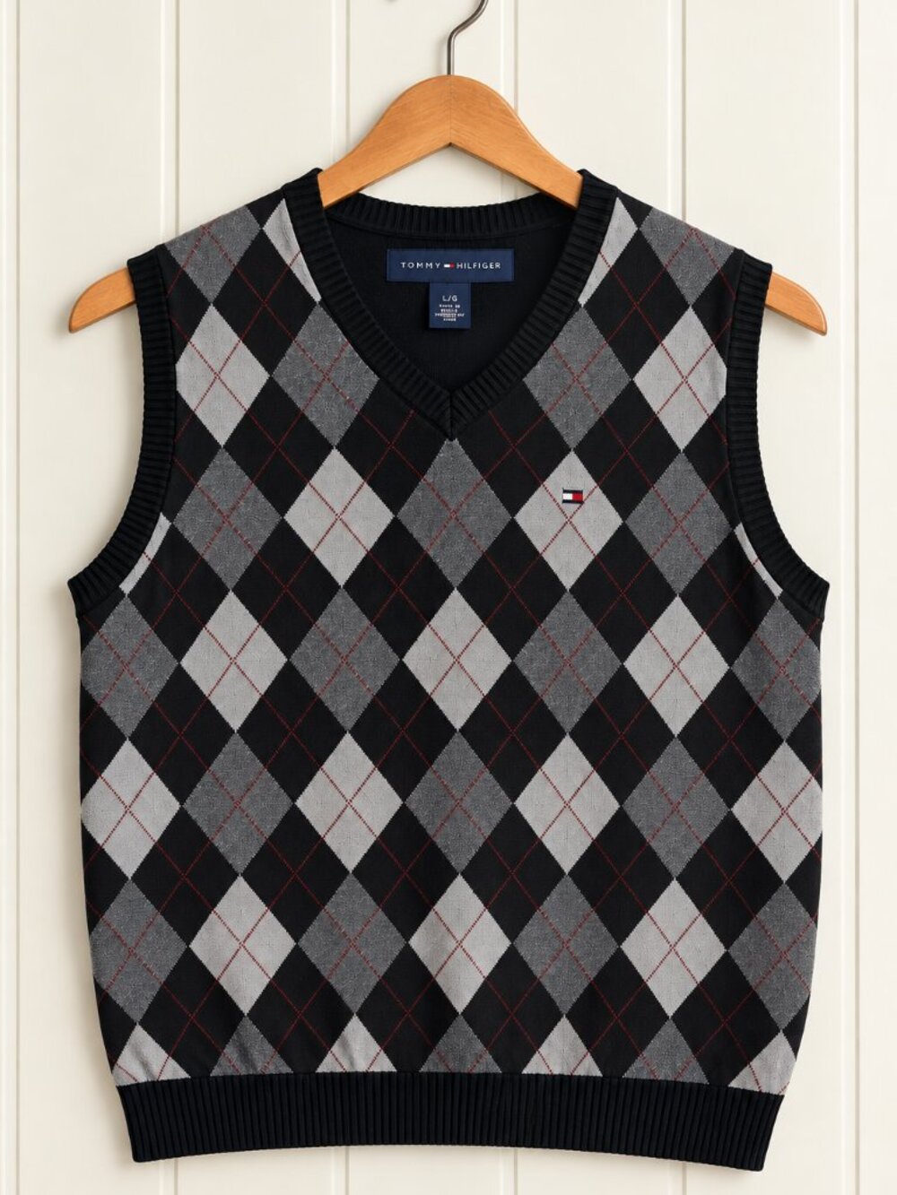 Tommy Hilfiger Argyle Knit V-Neck Sweater Vest Men's L Black Gray Red Preppy